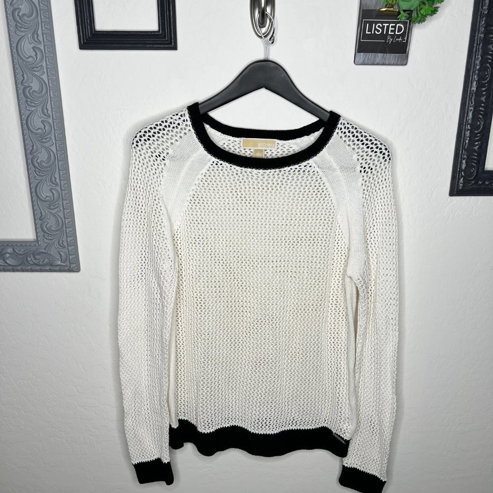 Michael Kors White Crochet Open Weave Sweater - Size L - Black Trim